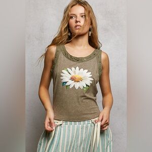 POL Washed Floral Stud Round Neck Slim Tank